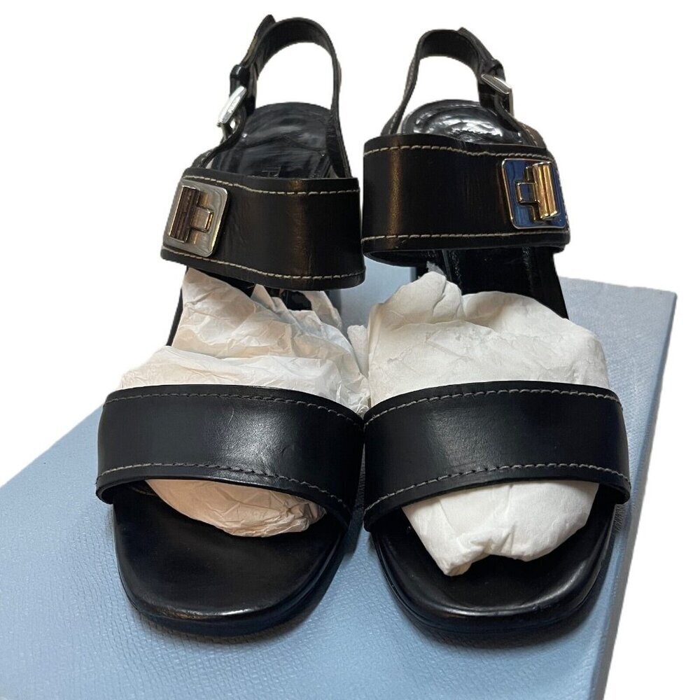 Prada Size 39.5 Leather Turnlock Slingback Sandals Black Block Heel Minimalist - Picture 4 of 15